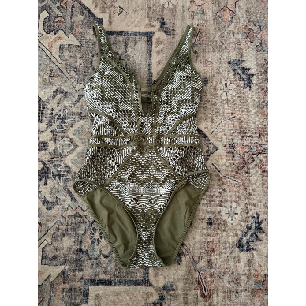 Becca One Piece Swimsuit Womens Medium Olive Green Crochet Cutout Plunge Swim